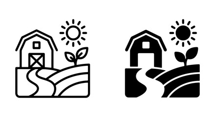 Farm Barn Landscape Icons, Rural Countryside Scene Vector Set, Agricultural Building and Growing Plant Graphics © Khairul