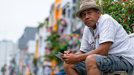 Fototapeta premium Dynamic Jakarta Café View: An Indonesian man on a busy neighborhood street in Jakarta, seated on a plastic stool using a tablet and stylus, dynamic low-angle perspective, high defi