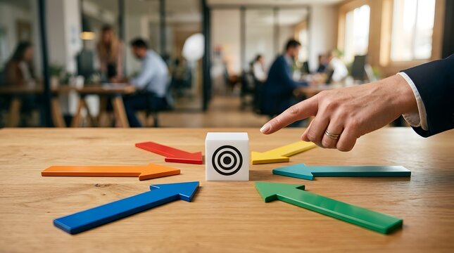 Business strategy concept with hand pointing at target block surrounded by colorful converging arrows on wooden desk