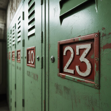 Green metal lockers with numbers 23 and 10 visible in a row Keywords: lockers, row, metal, green, numbers, 23, 10, digits, numerals, weathered