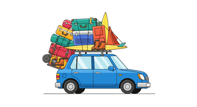 Blue car overloaded with luggage for vacation trip, travel adventure concept