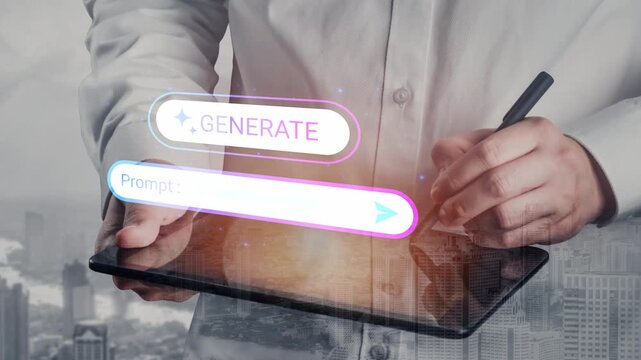Business professional using digital tablet to generate prompts and ideas for project development in modern urban setting with cityscape background Gluon.