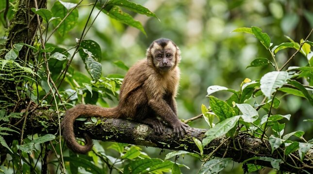 Monkey sitting on a tree branch in a lush forest