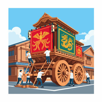 People preparing a large, ornate Japanese festival float for a celebration.