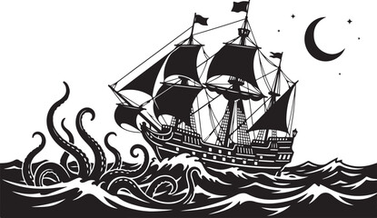 Black and white vintage ship with ornate scrollwork border © SH STORE