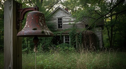 Obraz premium Vintage metal bell in front of a derelict abandoned farmhouse