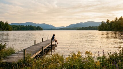 Fototapeta premium Solitude at Golden Hour on a Mountain Lake Dock