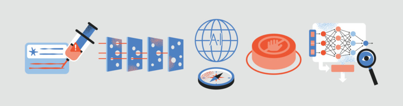 Flat vector icon set for AI safety and cybersecurity concepts, featuring prompt injection, transparent AI defenses, global AI values, emergency stop button, and neural network algorithm audit