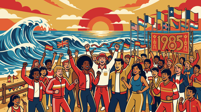 Retro 1985 Beach Celebration: Diverse Crowd Cheers with Flags and Waves