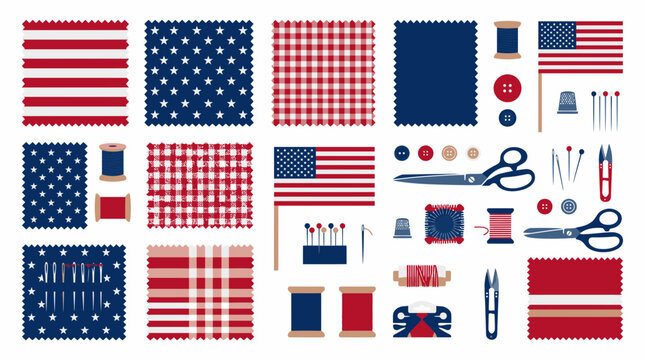 Collection of American flag motifs and sewing related fabric patterns.