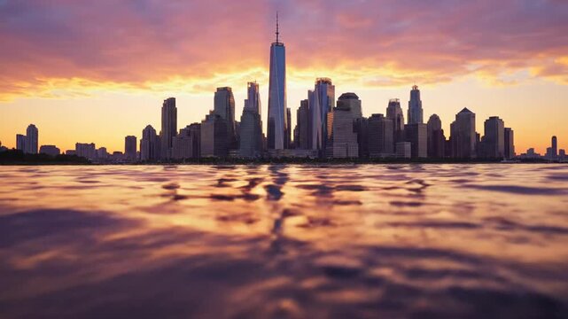 Wide angle view of the Lower Manhattan skyline at sunset with One World Trade Center reflecting in rippling water under a vibrant orange and purple sky in New York City.