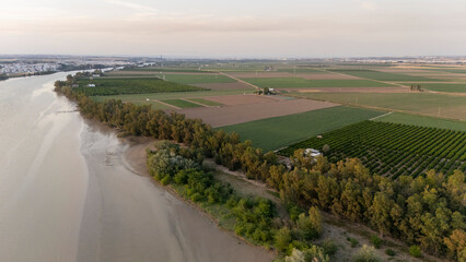 Fototapeta premium Guadalquivir river flowing through agricultural landscape in La Puebla del Rio