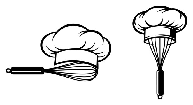 Chef hat and kitchen whisk icons for culinary branding and restaurant logo design in minimalist style