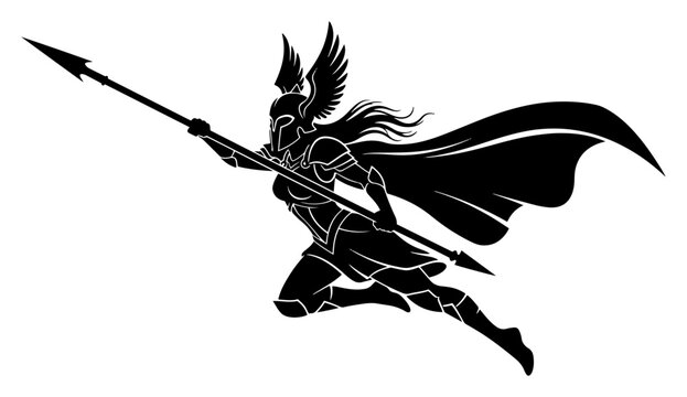 Valkyrie warrior goddess leaping forward with spear in winged helmet silhouette style