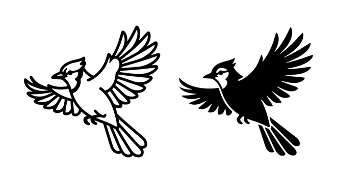 Blue Jay Vector Icons, Flying Bird Silhouettes, Nature Wildlife Graphics, Simple Line Art and Solid Fill Styles