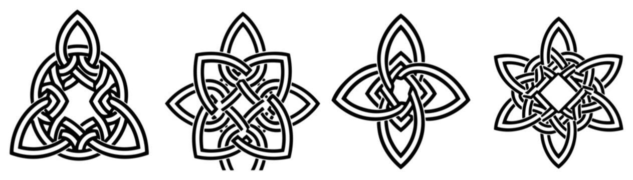 Celtic knot symbols and geometric tribal patterns in bold vector line art style