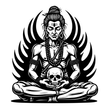 Hindu deity Lord Shiva or ascetic monk meditating with skull in detailed graphic tattoo style