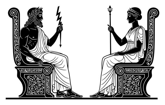 Zeus and Hera sitting on ornate thrones in classical Greek pottery style