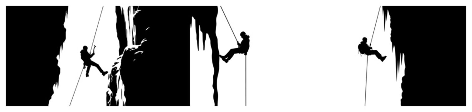Rock climber silhouettes rappelling down steep cliffs and mountain walls in graphic style
