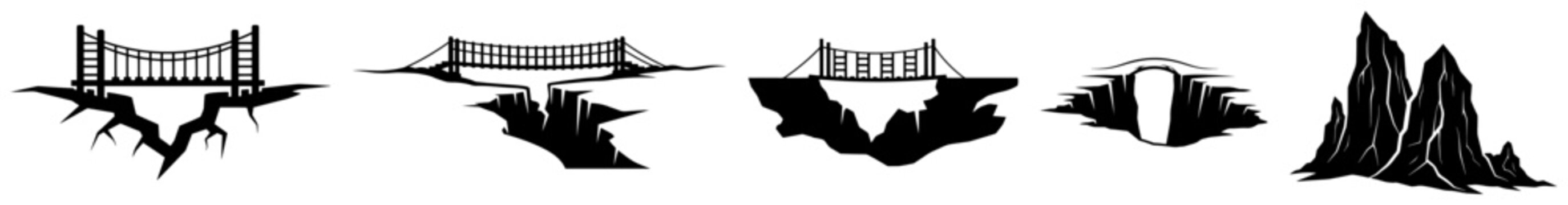 Suspension bridge crossing deep mountain chasm and canyon silhouettes in graphic style