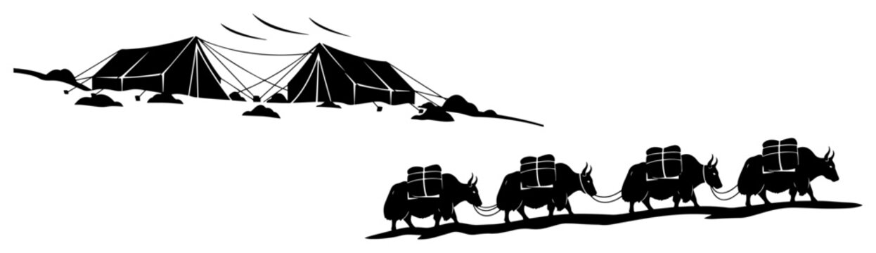 Mountain expedition base camp with tents and yak caravan in silhouette style