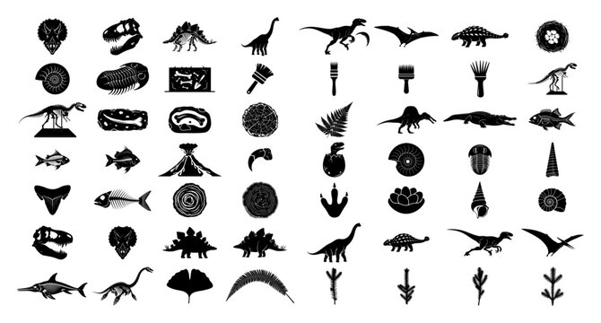 Paleontology and archaeology icon set with dinosaurs fossils and excavation tools in flat silhouette style