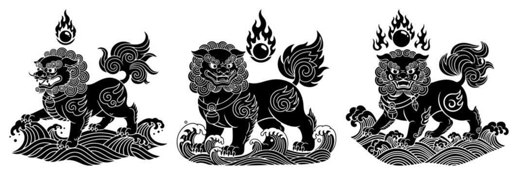 Komainu Japanese guardian lion dog on waves in traditional graphic style