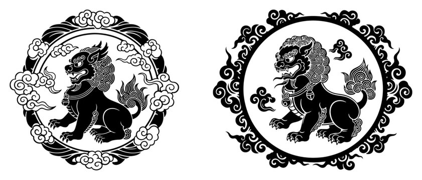 Chinese guardian lion foo dog within ornamental circular frames in traditional Asian style
