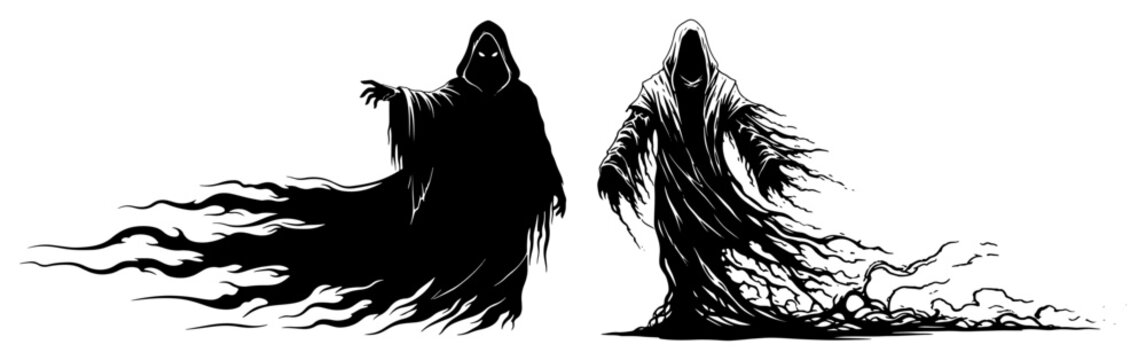 Grim reaper spirits with flowing tattered robes in dark fantasy horror style