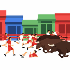Fototapeta premium Brave men running with powerful bulls during a traditional Spanish festival.