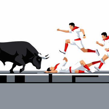Black Bull Chasing Runners in Red and White Outfits.