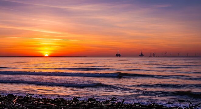 Sunset over the ocean with offshore oil rigs and wind turbines