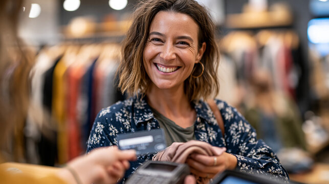 Commercial stock photo of a young woman paying with a blank contactless card at a bright independent clothing boutique counter, holding a folded garment with a satisfied smile, fem