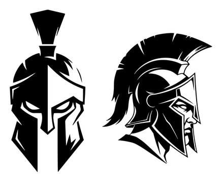 Spartan warrior helmets front and side view for athletic branding in minimalist graphic style