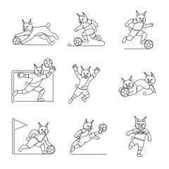 Naklejka premium Black and white line art coloring page set of lynx soccer player characters.