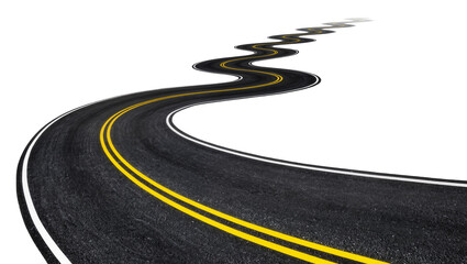 Winding asphalt road with double yellow lines and white edge, isolated on transparent background © Viktor