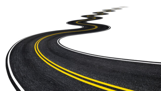 Winding asphalt road with double yellow lines and white edge, isolated on transparent background
