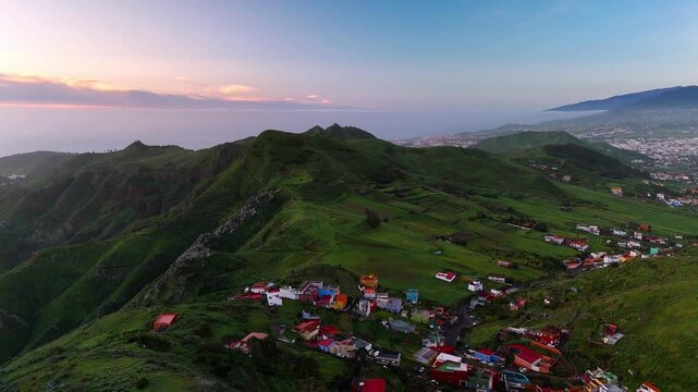 Aerial drone flight over Vega de las Mercedes valley, Mirador de Jardina, Tenerife