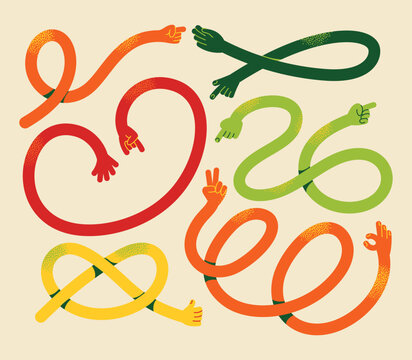 Abstract long flexible arms vector set with various hand gestures like pointing, peace sign, ok, thumbs up, and rock on for psychology concept, flexibility, communication, and diversity illustration