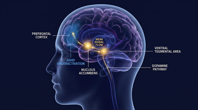 ADHD Reward Pathway Dopamine Circuit Brain Medical Illustration