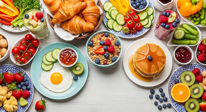 Top view of a colorful healthy breakfast buffet with fruits and eggs