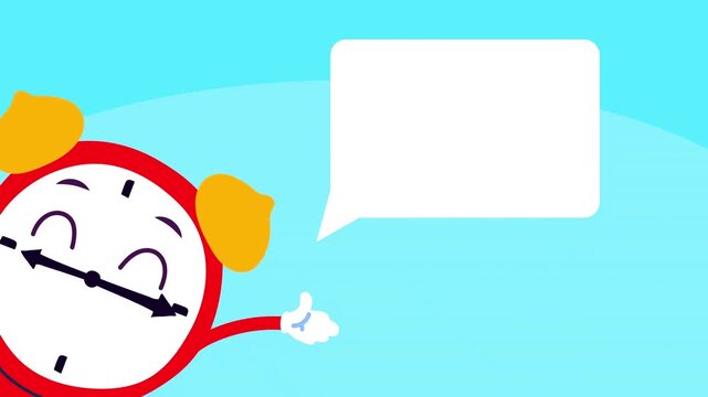 Red alarm clock character ticking and pointing at an empty speech bubble template on a blue background.