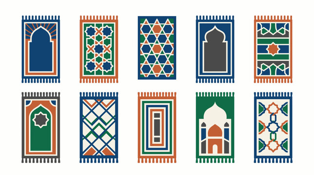 Collection of colorful islamic prayer rugs with traditional geometric patterns.