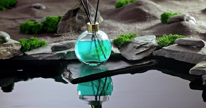 Intense fragrance diffuser on black stones illuminated by moonlight.