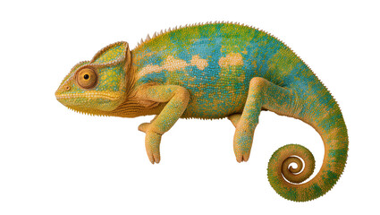 Naklejka premium Vibrant green and yellow chameleon with coiled tail, isolated on transparent background