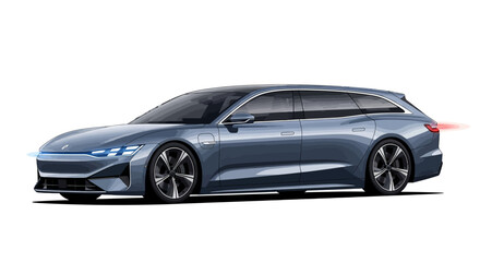 Fototapeta premium Modern Electric Wagon Car, Blue Exterior, Futuristic Design, White Background