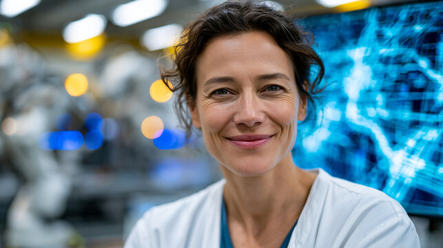Ultra-premium corporate advertising photography, a wide candid photo looking over a female engineer&rsquo;s shoulder, seeing the precision of semiconductor manufacturing robots in parall