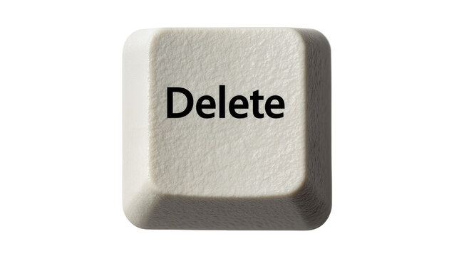 Single white keyboard delete key with black text, isolated on transparent background