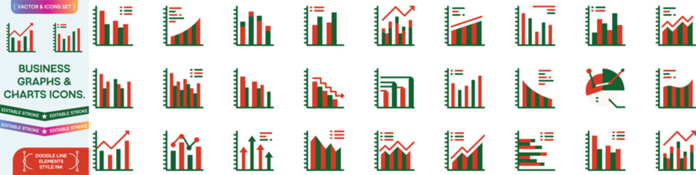 Growing bar 60 icon set. Business graphs and charts icons. Statistics and analytics vector icon. Statistic and data, charts diagrams, money, down or up arrow. Vector illustration.