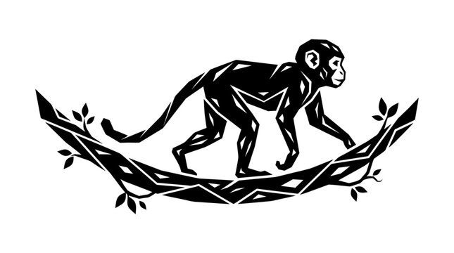 Black and white illustration of monkey on branch.